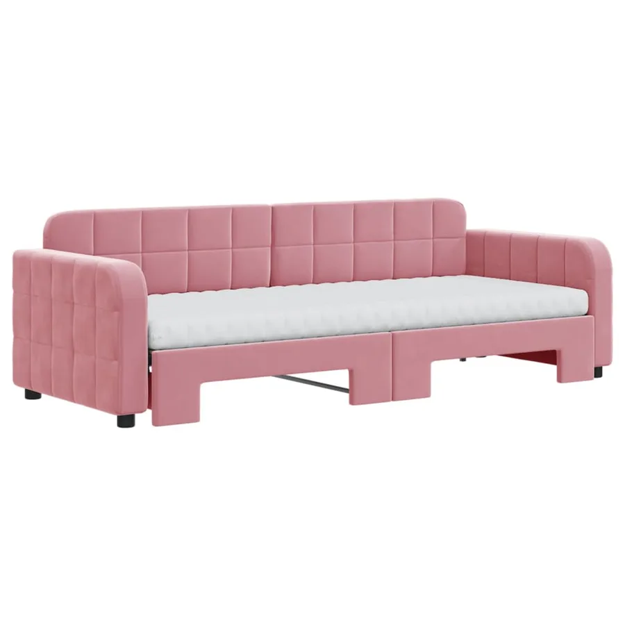 Lit de jour avec lit gigogne et matelas rose 80x200 cm velours - 3
