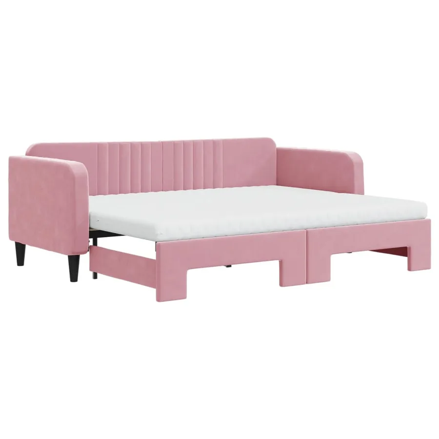 Lit de jour avec lit gigogne et matelas rose 80x200 cm velours - 2