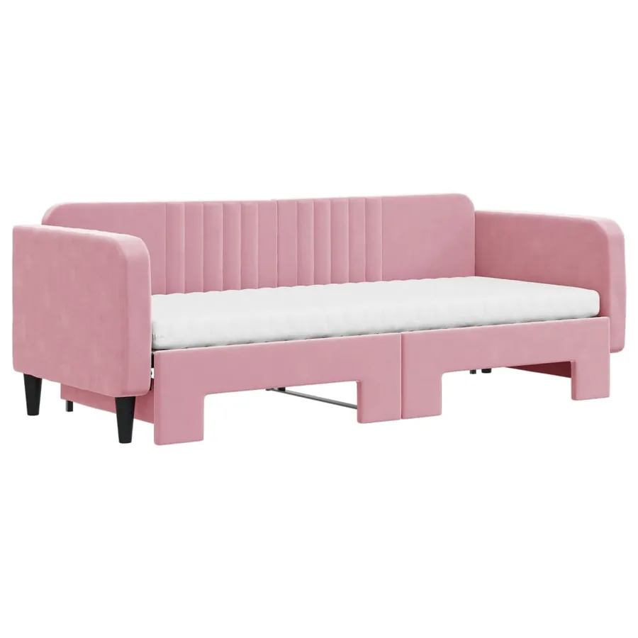 Lit de jour avec lit gigogne et matelas rose 80x200 cm velours - 3