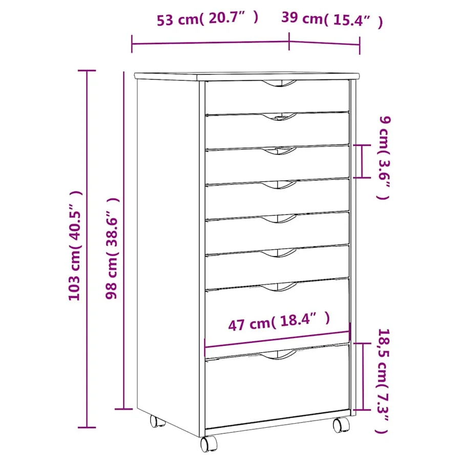 Armoire roulante avec tiroirs MOSS gris bois de pin solide - 9