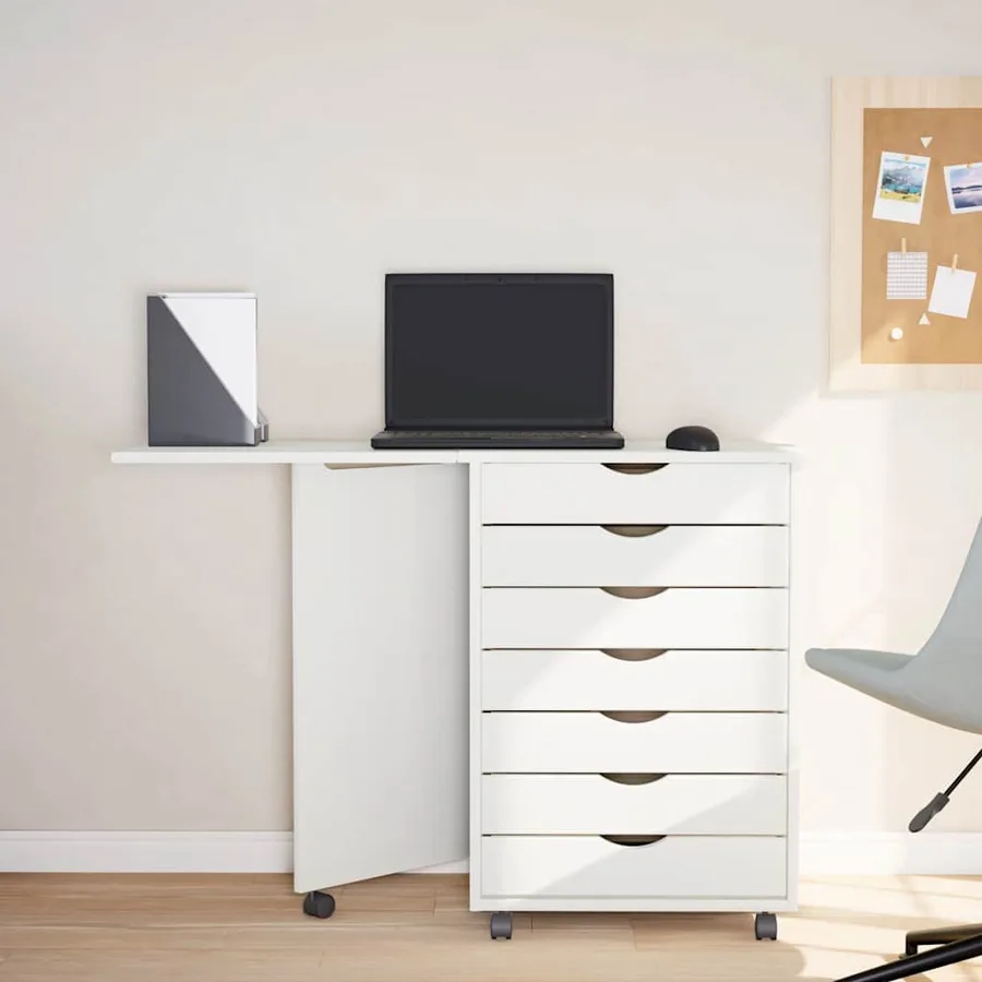 Armoire roulante avec bureau MOSS blanc bois de pin solide - 3
