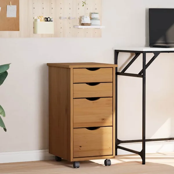 Armoire roulante avec tiroirs MOSS bois de pin marron miel