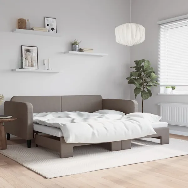 Lit de jour avec lit gigogne taupe 100x200 cm tissu