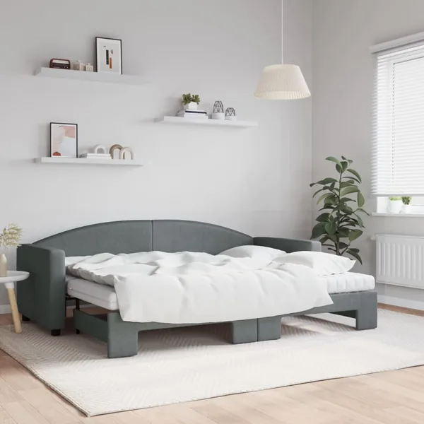 Lit de jour avec gigogne et matelas gris foncé 80x200 cm tissu