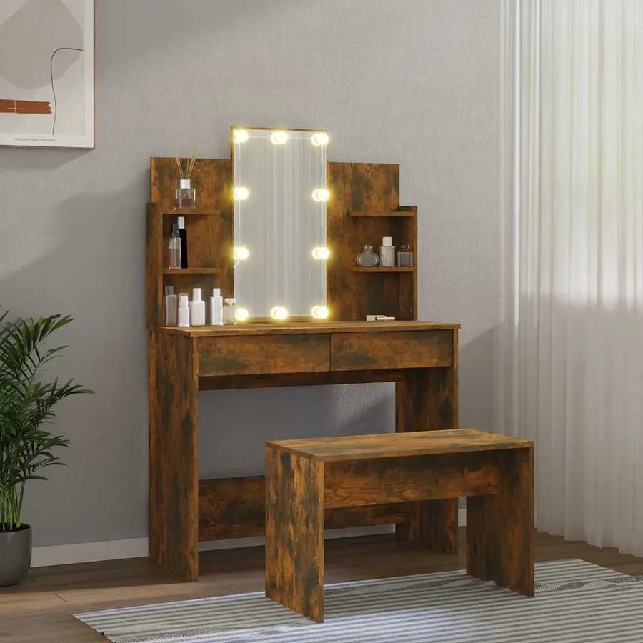 Ensemble de coiffeuse avec LED Chêne fumé Bois d'ingénierie - 3