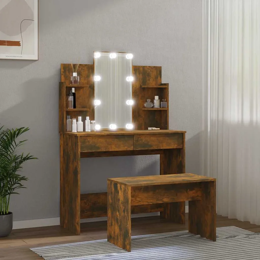 Ensemble de coiffeuse avec LED Chêne fumé Bois d'ingénierie - 4