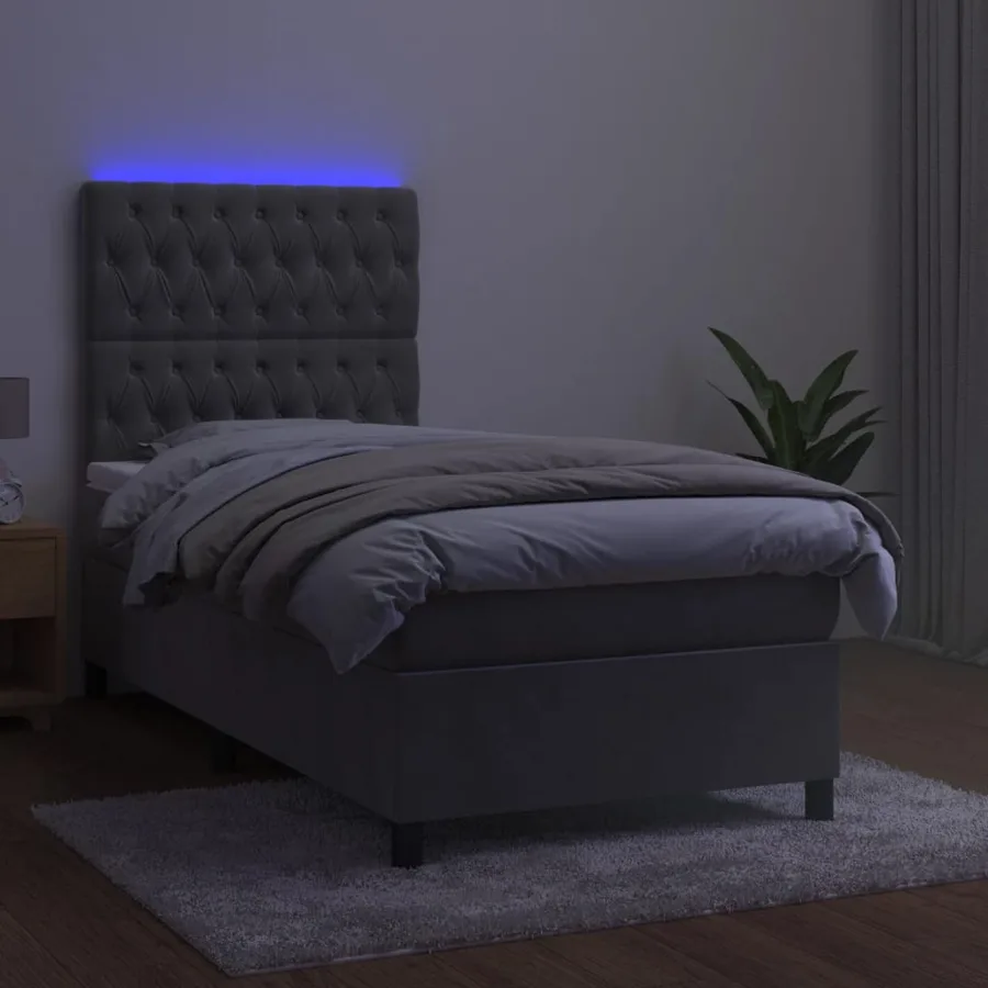 Sommier à lattes de lit et matelas et LED Gris clair 90x190 cm - 4