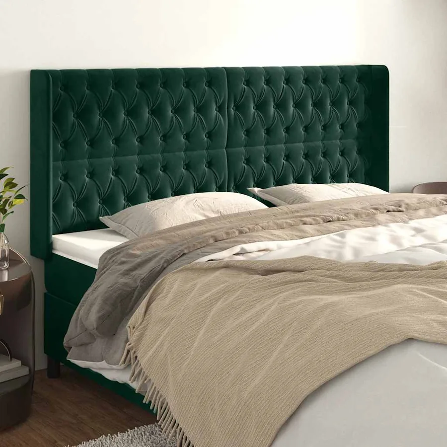 Tête de lit avec oreilles Vert foncé 203x16x118/128 cm Velours