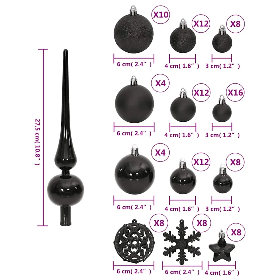 Ensemble de boules de Noël 111 pièces noir polystyrène - 12