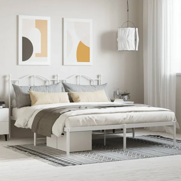 Cadre de lit métal sans matelas et tête de lit blanc 180x200 cm