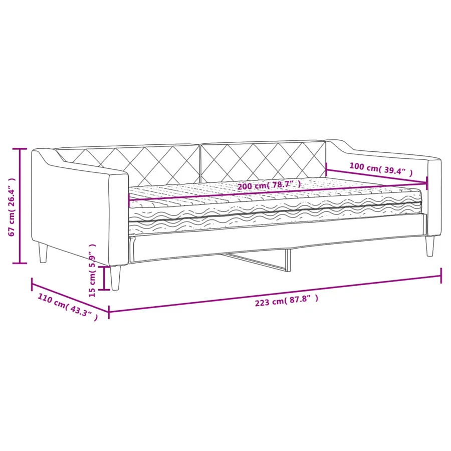 Lit de jour avec matelas noir 100x200 cm tissu - 12