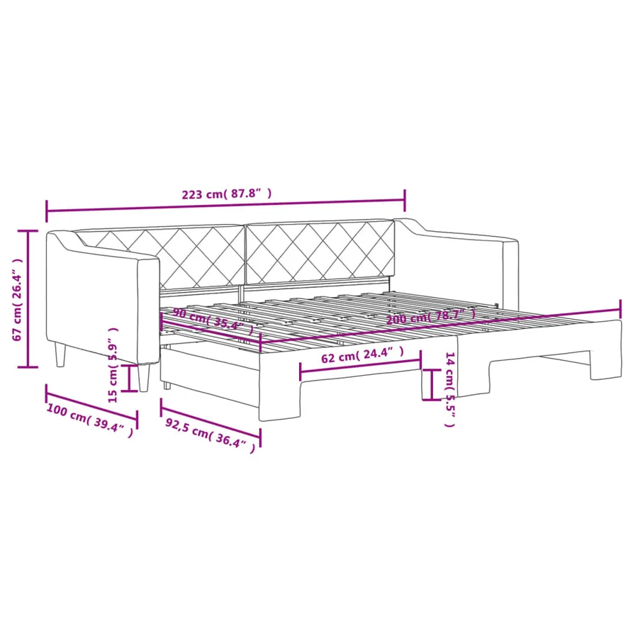 Lit de jour avec gigogne sans matelas taupe 90x200 cm - 11