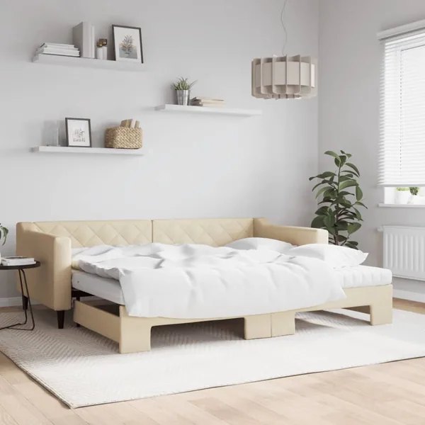 Lit de jour avec gigogne et matelas crème 90x200 cm tissu