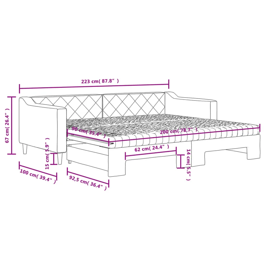 Lit de jour avec gigogne et matelas crème 90x200 cm tissu - 12