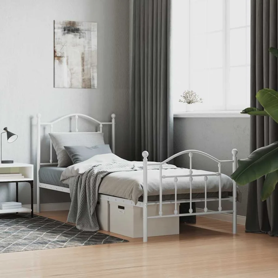 Cadre de lit métal sans matelas avec pied de lit blanc 90x200cm