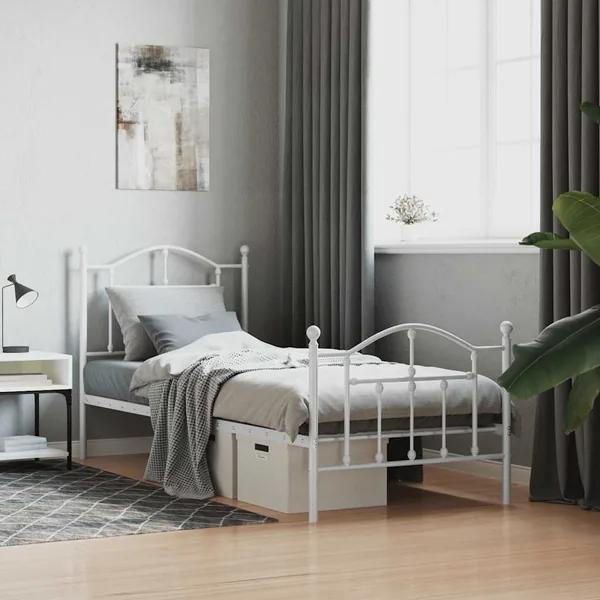 Cadre de lit métal sans matelas avec pied de lit blanc 90x200cm