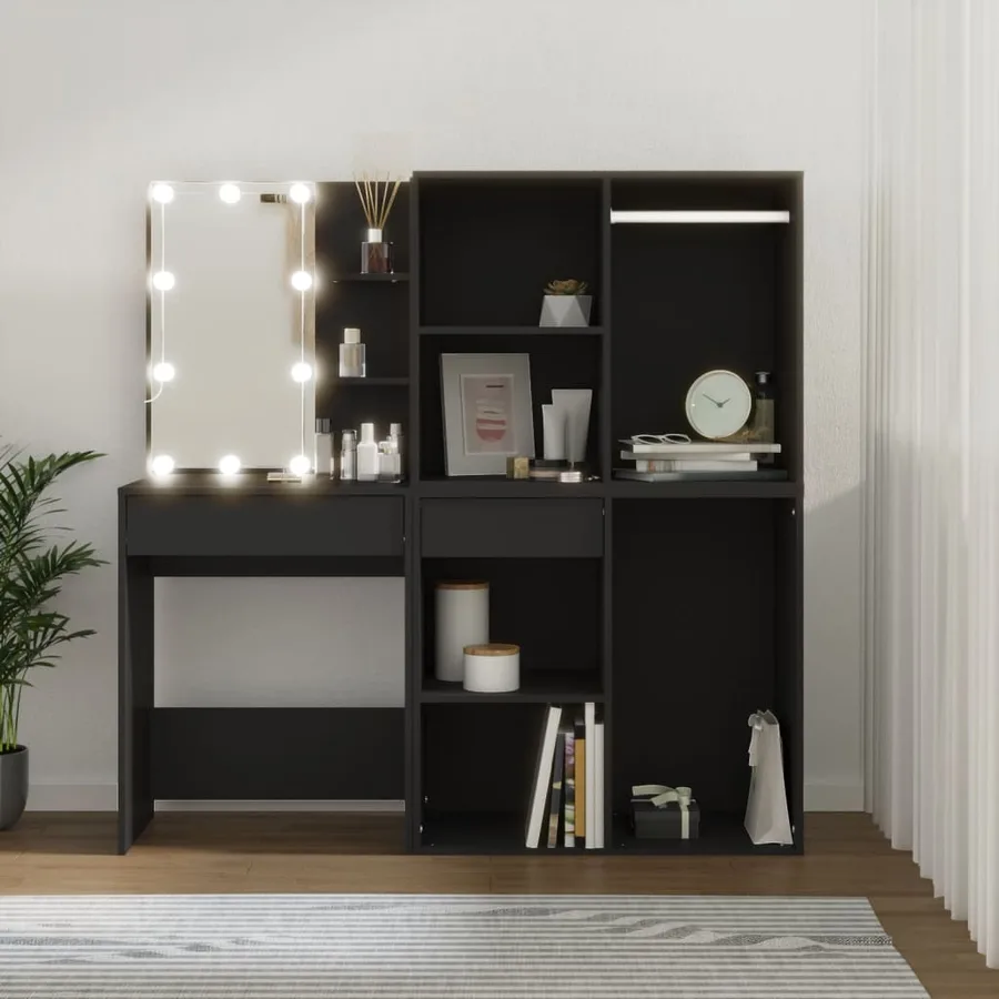 Coiffeuse à LED avec armoires noir bois d'ingénierie - 3