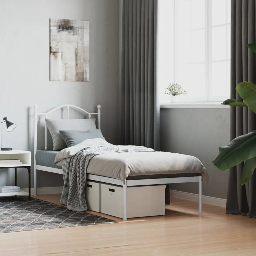 Cadre de lit métal sans matelas avec tête de lit blanc 75x190cm