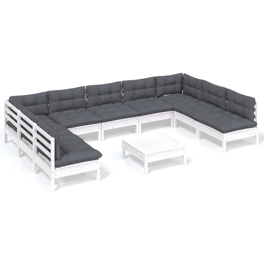 Salon de jardin 10 pcs avec coussins blanc bois de pin massif - 2