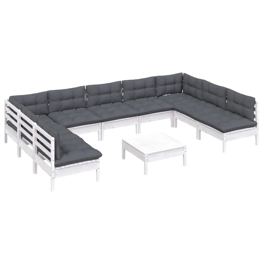 Salon de jardin 10 pcs avec coussins blanc bois de pin massif - 3