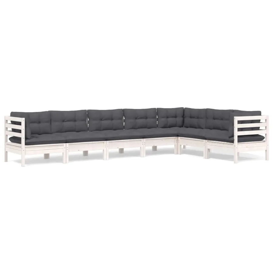 Salon de jardin 7 pcs avec coussins blanc bois de pin massif - 2