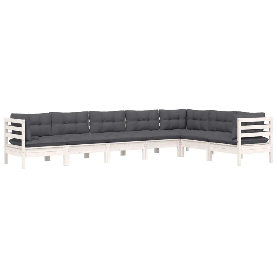 Salon de jardin 7 pcs avec coussins blanc bois de pin massif - 3