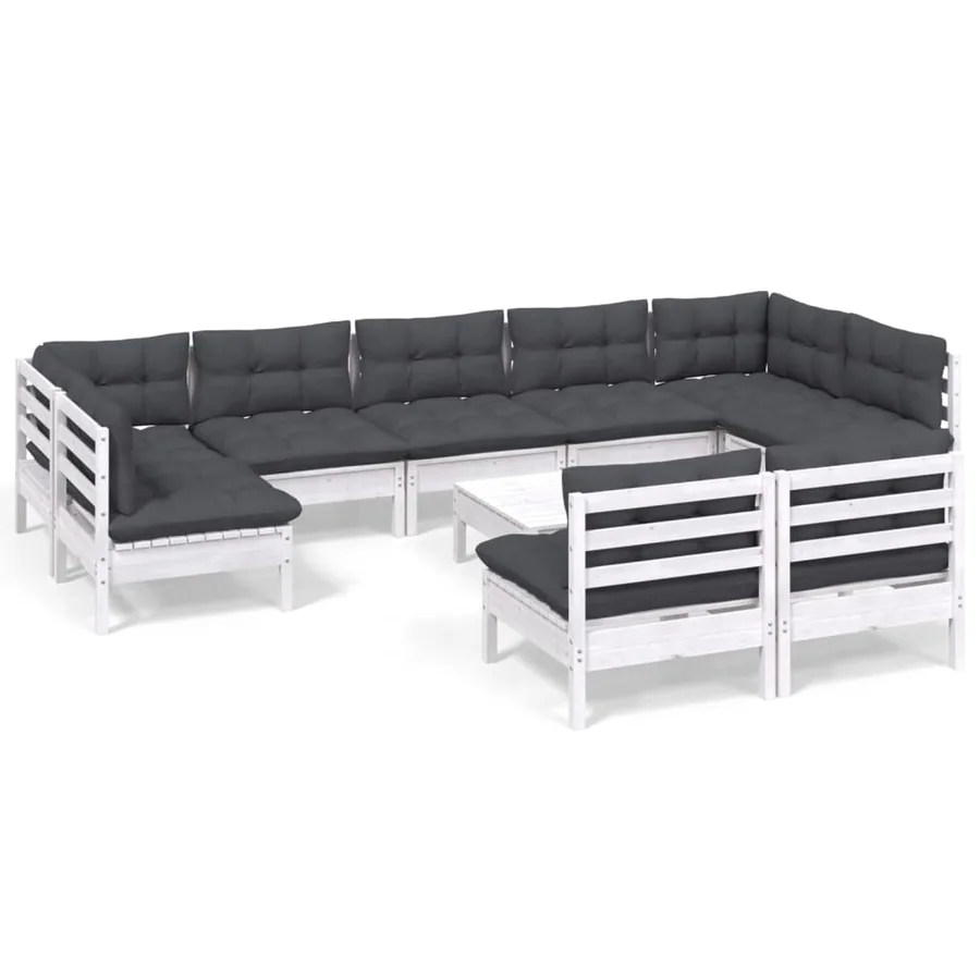 Salon de jardin 10 pcs avec coussins blanc bois de pin massif - 2
