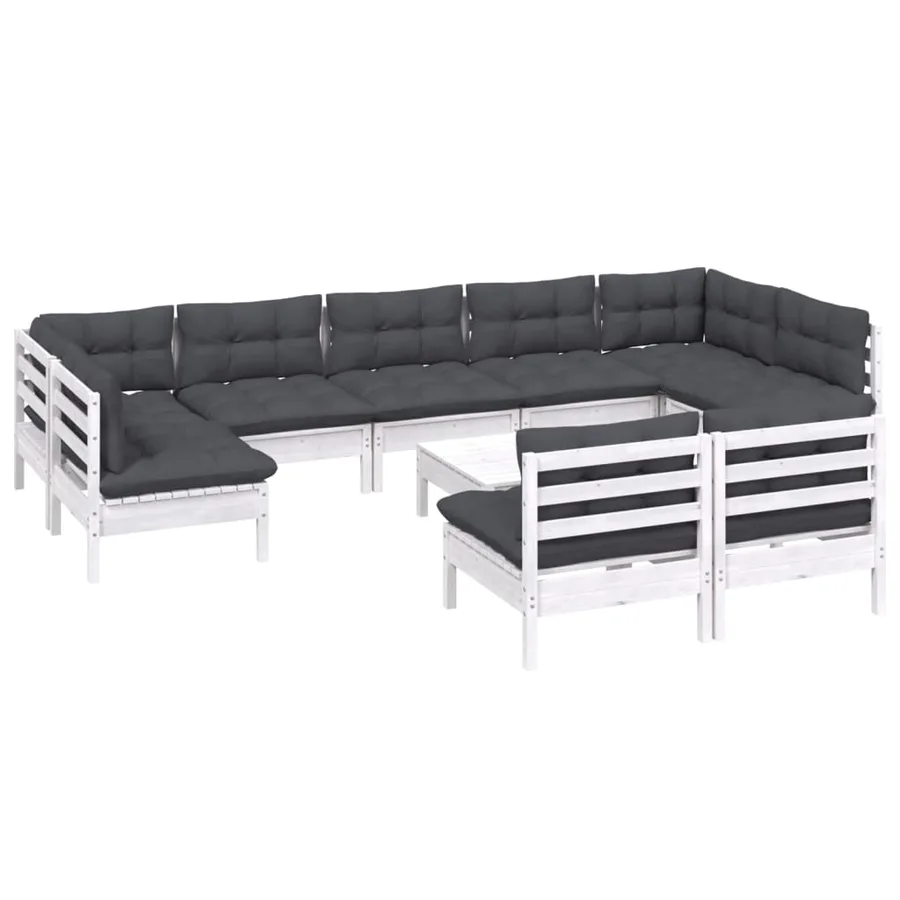 Salon de jardin 10 pcs avec coussins blanc bois de pin massif - 3