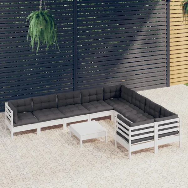 Salon de jardin 10 pcs avec coussins blanc bois de pin