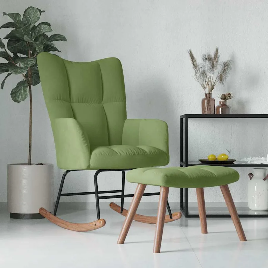 Chaise à bascule avec repose-pied Vert clair Velours - 3