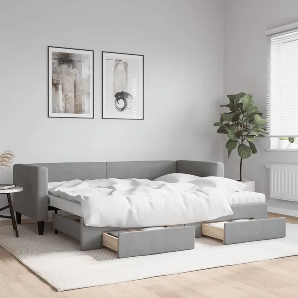 Lit de jour avec gigogne et tiroirs gris clair 80x200 cm tissu