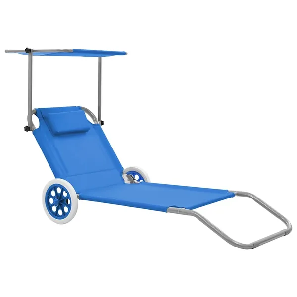 Chaise longue pliable avec auvent et roues Acier Bleu