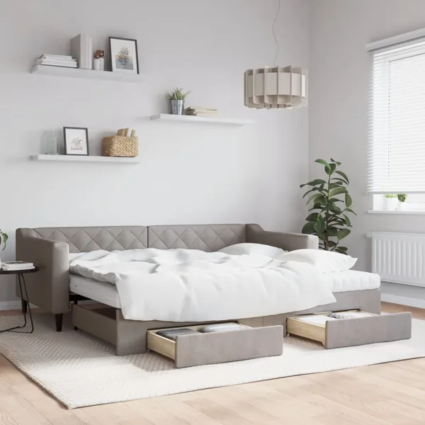 Lit de jour avec gigogne et tiroirs taupe 90x200 cm tissu