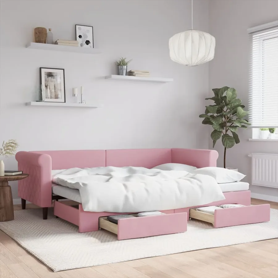 Lit de jour avec gigogne et tiroirs sans matelas rose 80x200 cm