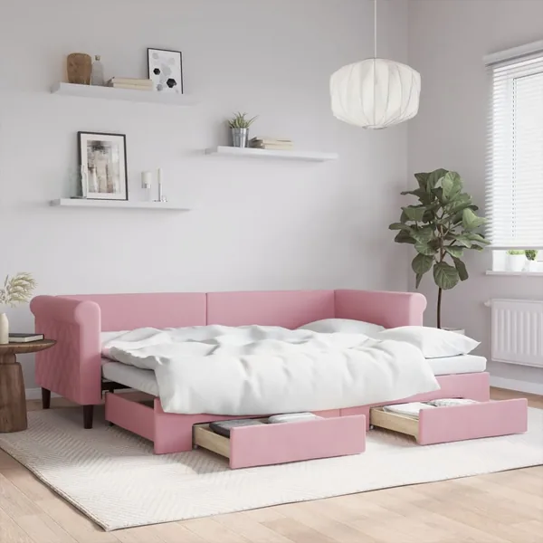 Lit de jour avec gigogne et tiroirs sans matelas rose 80x200 cm