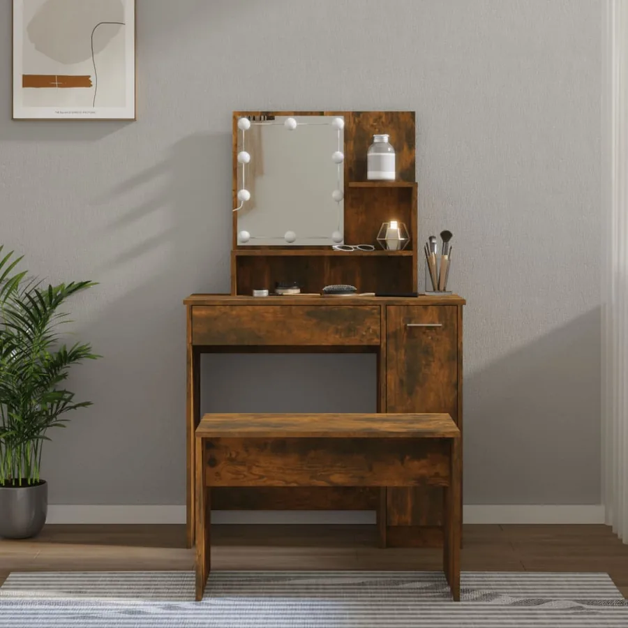 Ensemble de coiffeuse avec LED Chêne fumé Bois d'ingénierie