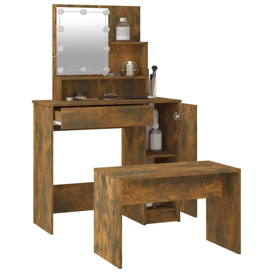 Ensemble de coiffeuse avec LED Chêne fumé Bois d'ingénierie - 13