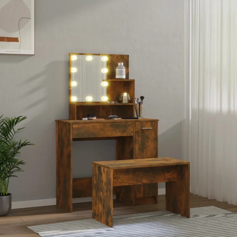 Ensemble de coiffeuse avec LED Chêne fumé Bois d'ingénierie - 3