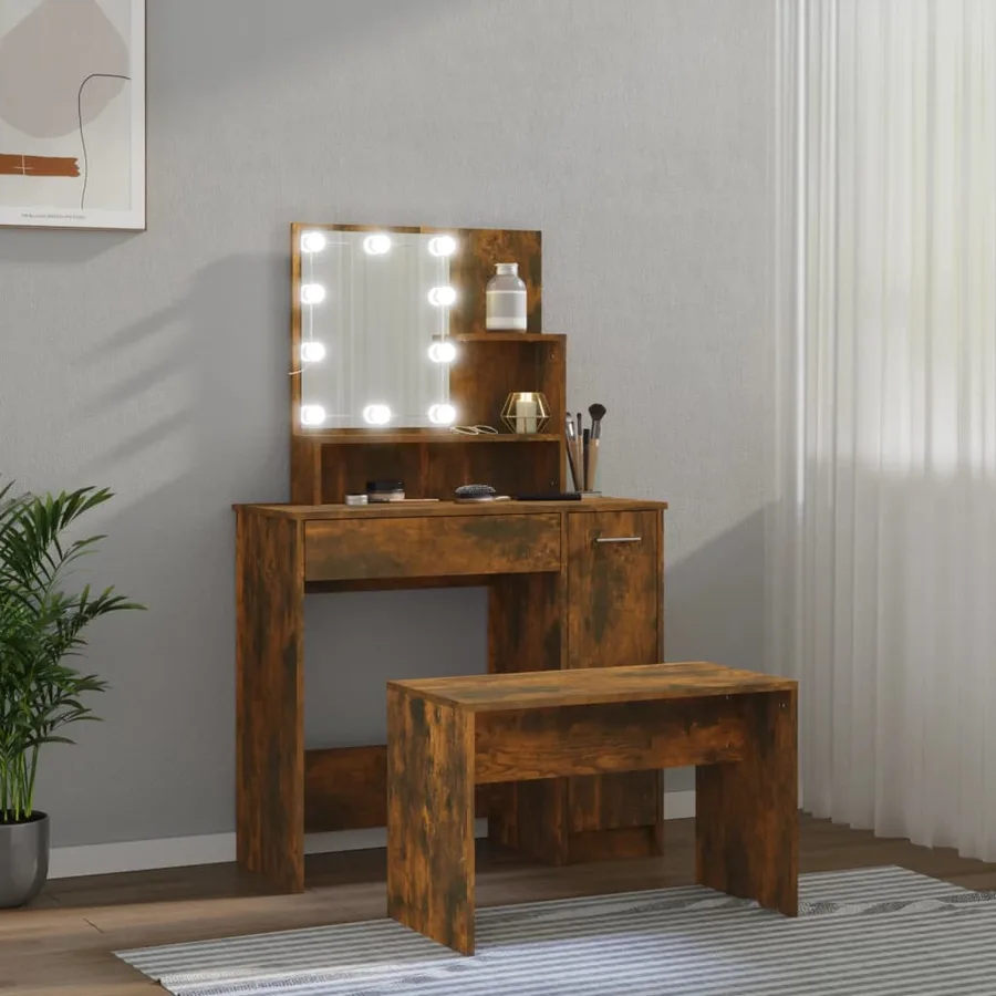 Ensemble de coiffeuse avec LED Chêne fumé Bois d'ingénierie - 4