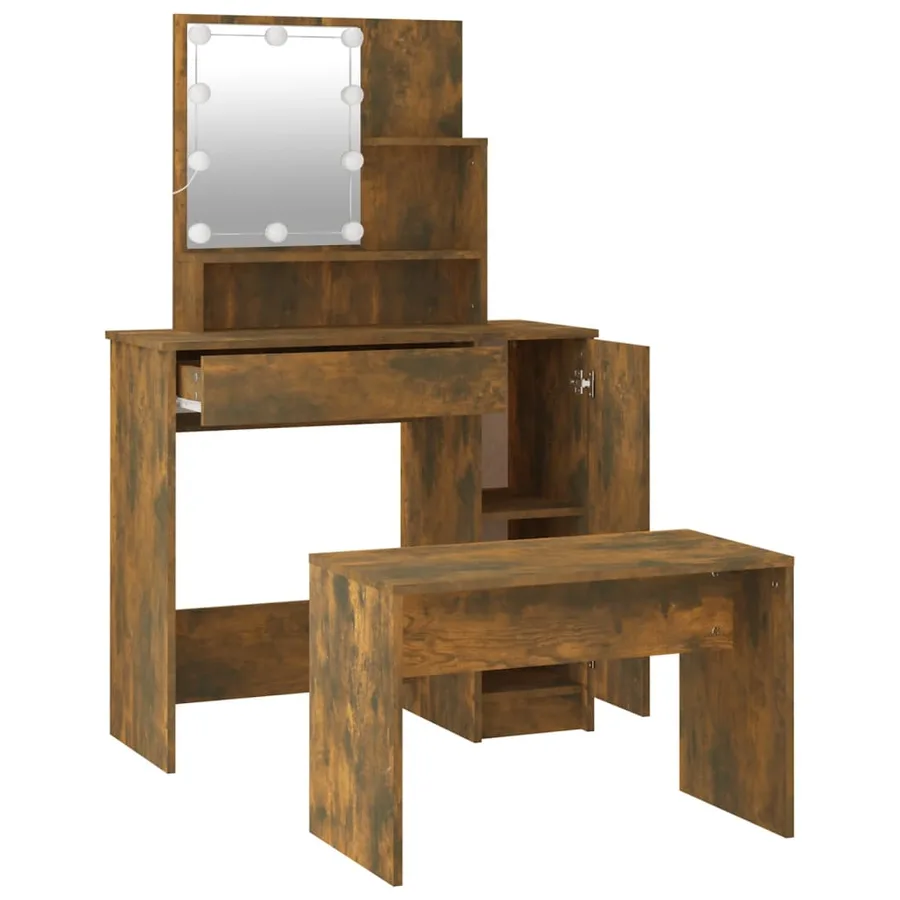 Ensemble de coiffeuse avec LED Chêne fumé Bois d'ingénierie - 6