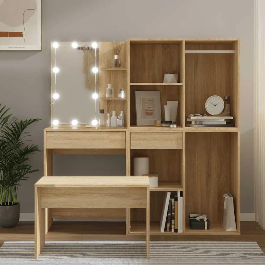 Ensemble de coiffeuse avec LED Chêne Sonoma Bois d'ingénierie - 4