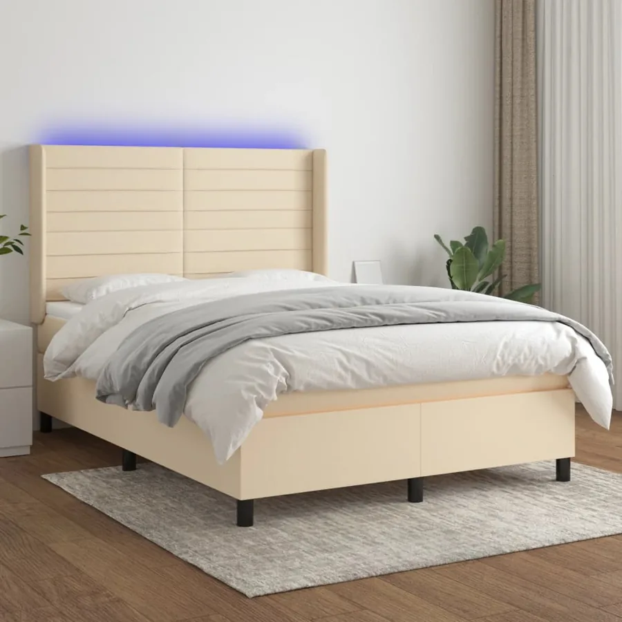 Sommier à lattes de lit matelas et LED Crème 140x190 cm Tissu