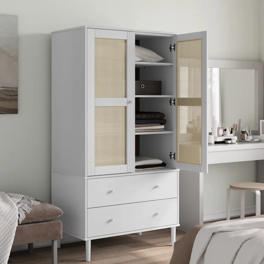 Garde-robe SENJA aspect rotin blanc 90x55x175cm bois massif pin - 3