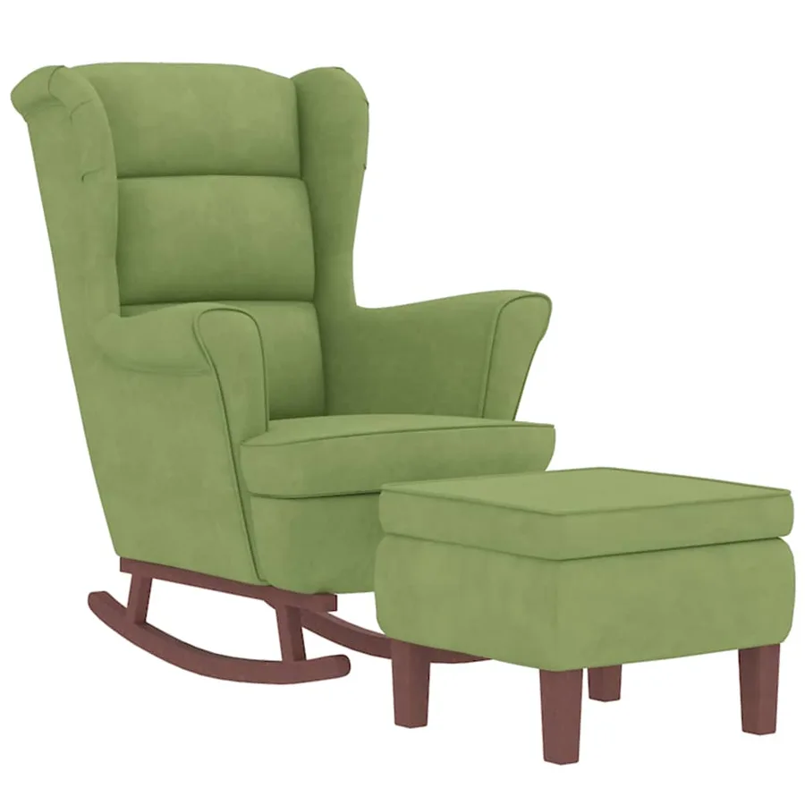 Fauteuil à bascule à oreilles en velours vert clair bois massif - 3