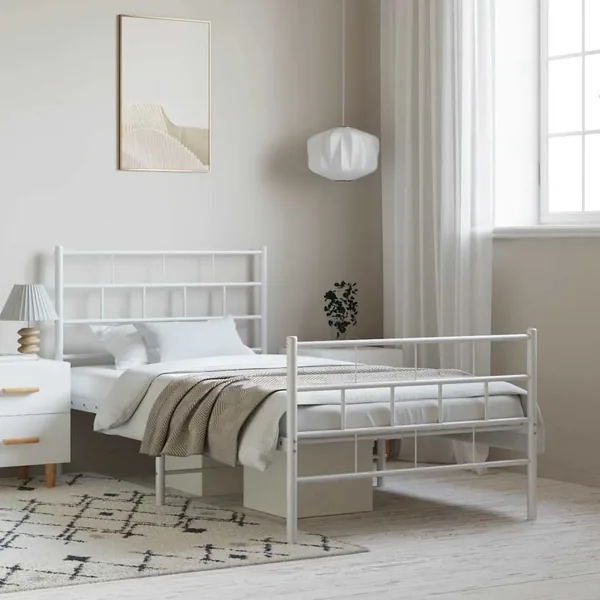 Cadre de lit métal sans matelas et pied de lit blanc 100x200 cm