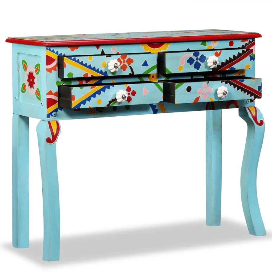 Table console Bois de manguier massif Bleu peint à la main - 2