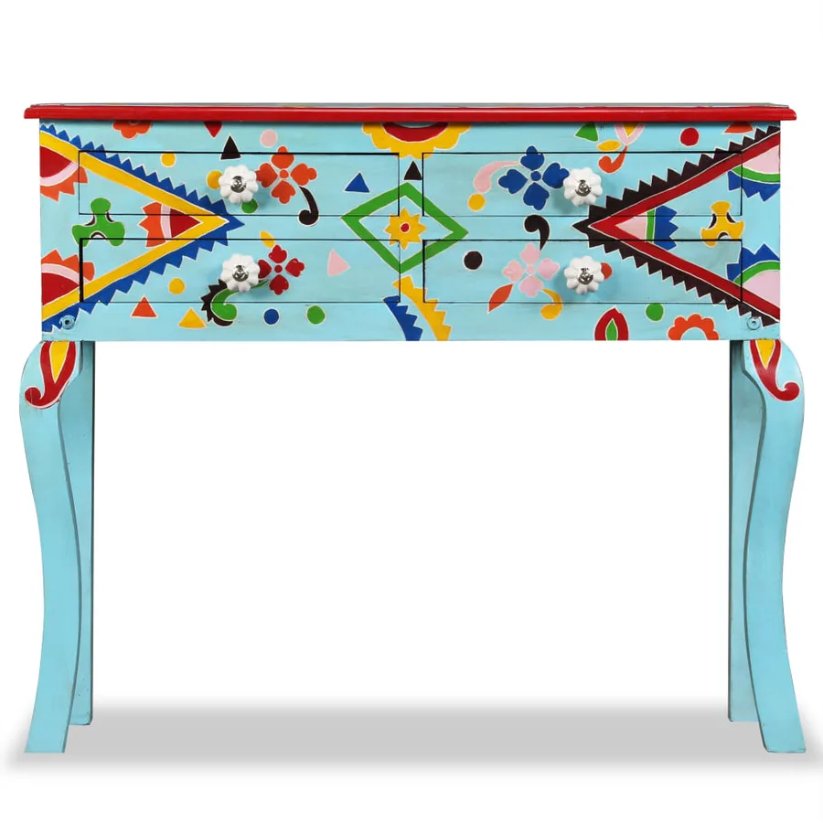 Table console Bois de manguier massif Bleu peint à la main - 3