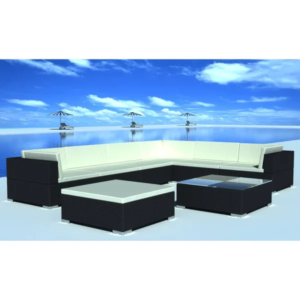 Salon de jardin 8 pcs avec coussins résine tressée noir
