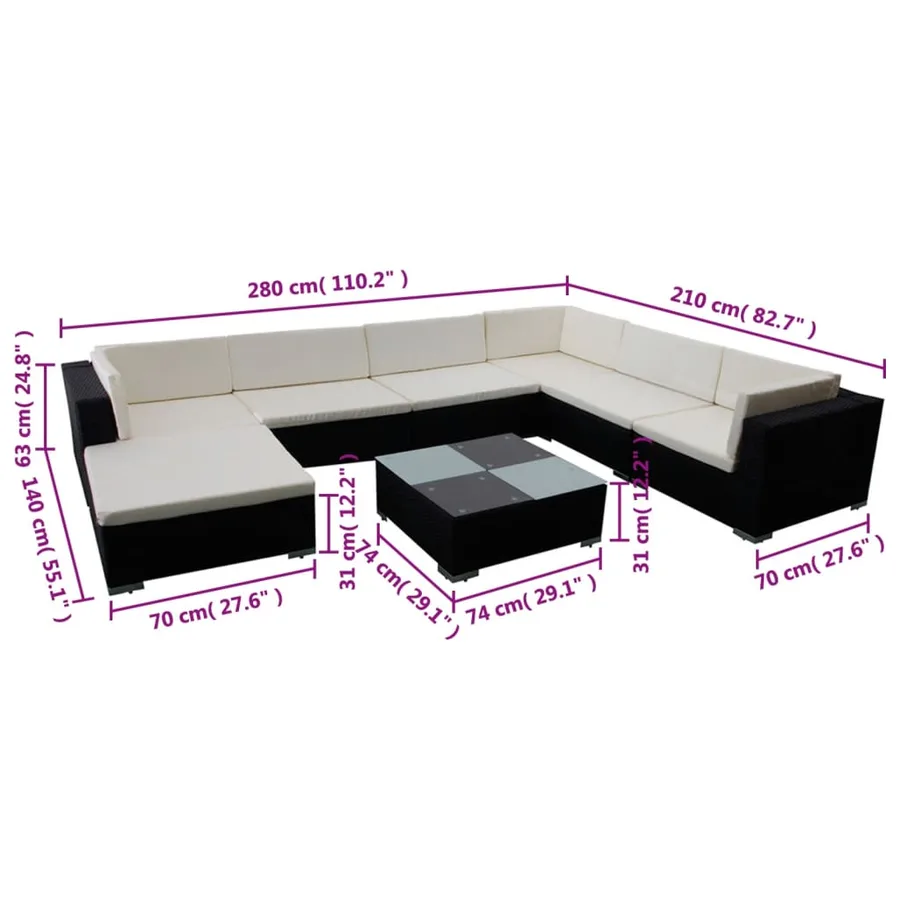 Salon de jardin 8 pcs avec coussins résine tressée noir - 7