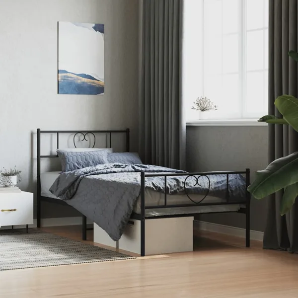 Cadre de lit métal sans matelas avec pied de lit noir 90x190 cm